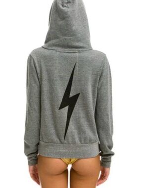 Women’s Grey Hooded Sweatshirt with Black Lightning Bolt Back Graphic